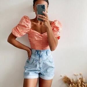 Zara Smocked Puff Sleeve Peplum Top Medium Ruched Sweetheart Coquette Pink Peach